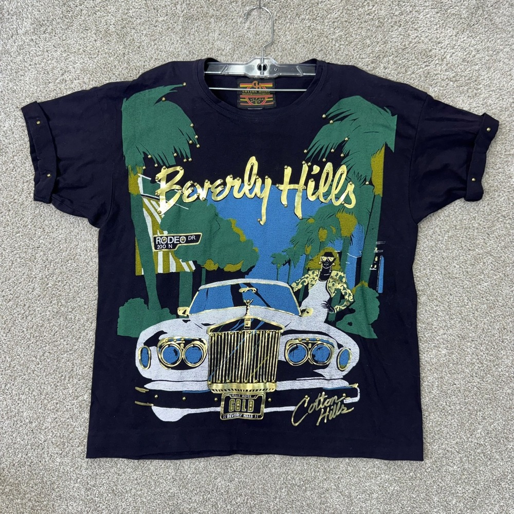 Cotton Hills T-Shirt Mens L Black Beverly Hills Rolls Royce Studded‎ Vintage 90s
